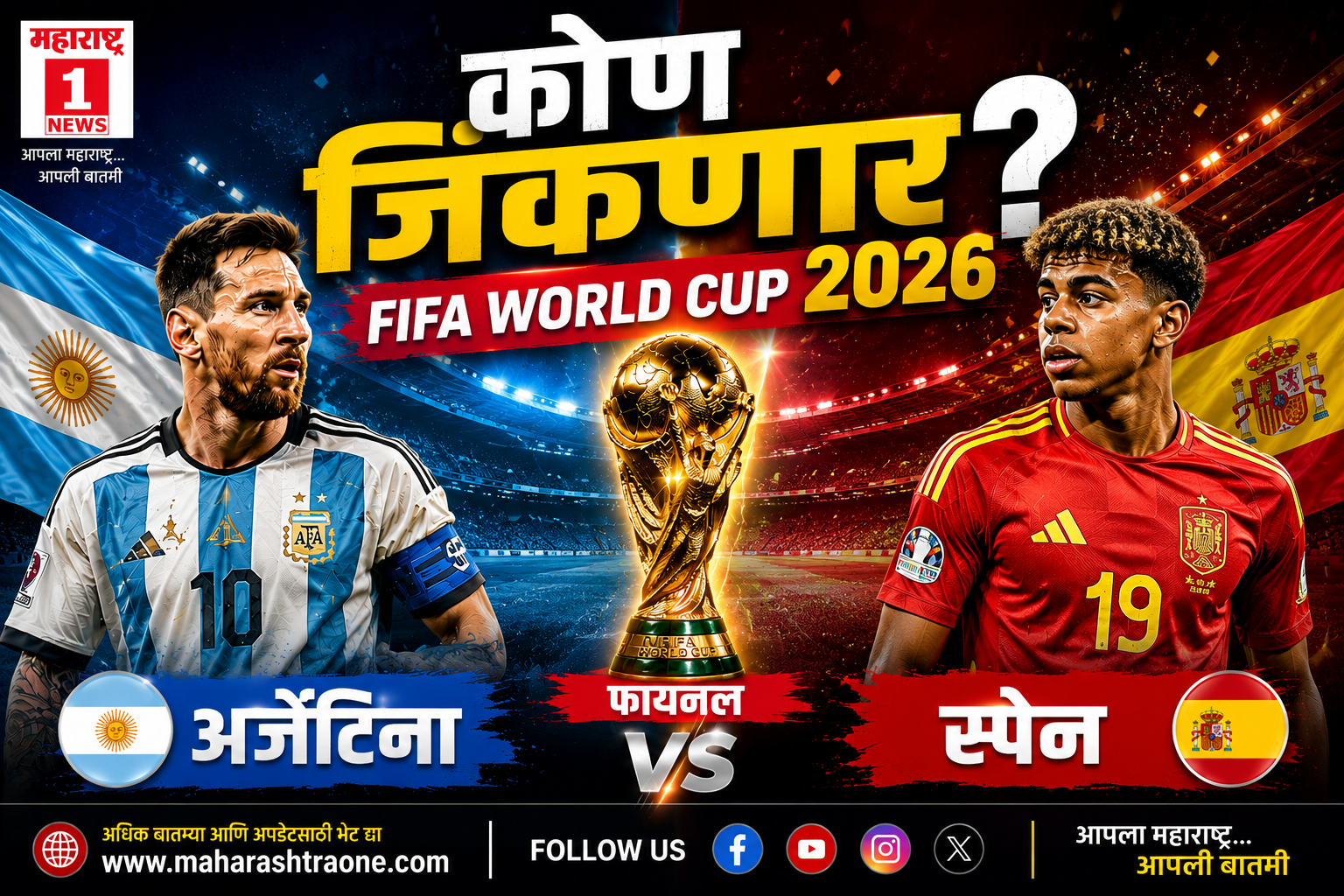 FIFA World Cup 2026 Final: फुटबॉलचा महासंग्राम! Messi चा Argentina की युरोपचा राजा Spain? आज मध्यरात्री रंगणार फिफा विश्वचषकाची ऐतिहासिक Final! 1 FIFA World Cup 2026 Final: फुटबॉलचा महासंग्राम! Messi चा Argentina की युरोपचा राजा Spain? आज मध्यरात्री रंगणार फिफा विश्वचषकाची ऐतिहासिक Final!