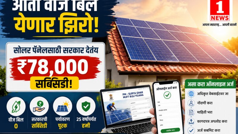 PM Surya Ghar Muft Bijli Yojana 2026: आता वीज बिल येणार झिरो! सोलर पॅनेलसाठी सरकार देतंय ₹७८,००० सबसिडी; असा करा ऑनलाइन अर्ज 1 PM Surya Ghar Muft Bijli Yojana 2026: आता वीज बिल येणार झिरो! सोलर पॅनेलसाठी सरकार देतंय ₹७८,००० सबसिडी; असा करा ऑनलाइन अर्ज