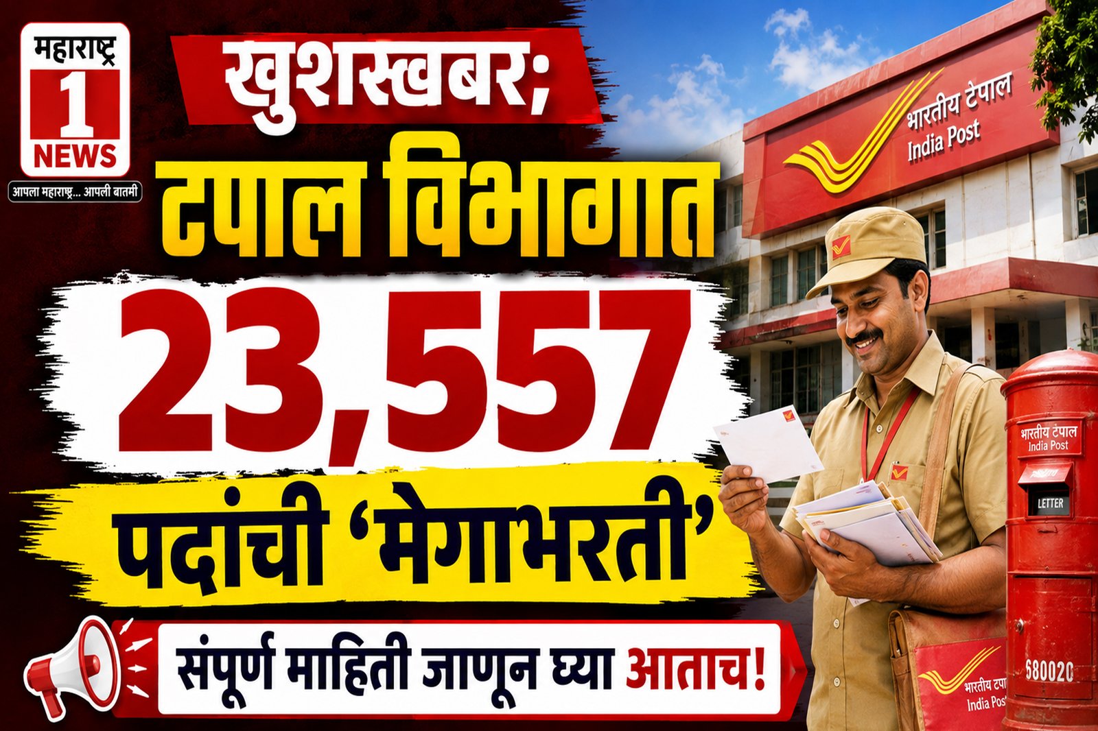 Post Office Recruitment 2026 खुषखबर; टपाल विभागात तब्बल २३,५५७ पदांची 'मेगाभरती' 1 Post Office Recruitment 2026 खुषखबर; टपाल विभागात तब्बल २३,५५७ पदांची ‘मेगाभरती’
