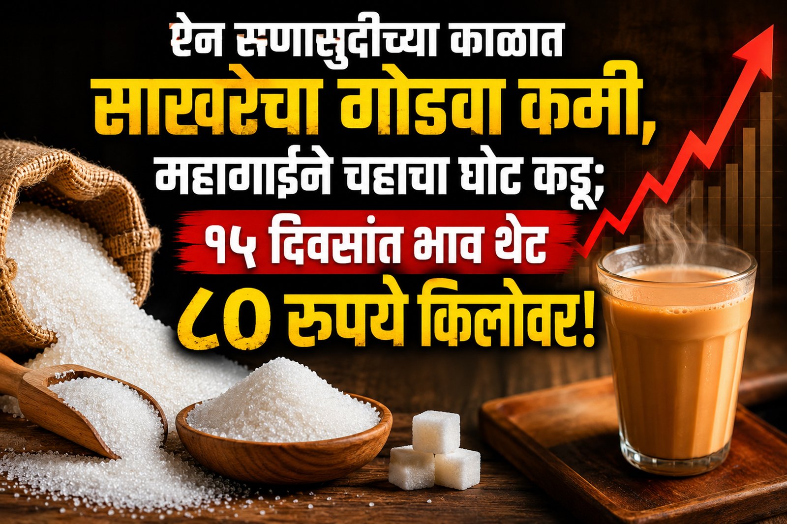 Sugar Price Hike News 2026: ऐन सणासुदीच्या काळात साखरेचा गोडवा कमी, महागाईने चहाचा घोट कडू; १५ दिवसांत भाव थेट ८० रुपये किलोवर! 1 Sugar Price Hike News 2026: ऐन सणासुदीच्या काळात साखरेचा गोडवा कमी, महागाईने चहाचा घोट कडू; १५ दिवसांत भाव थेट ८० रुपये किलोवर!