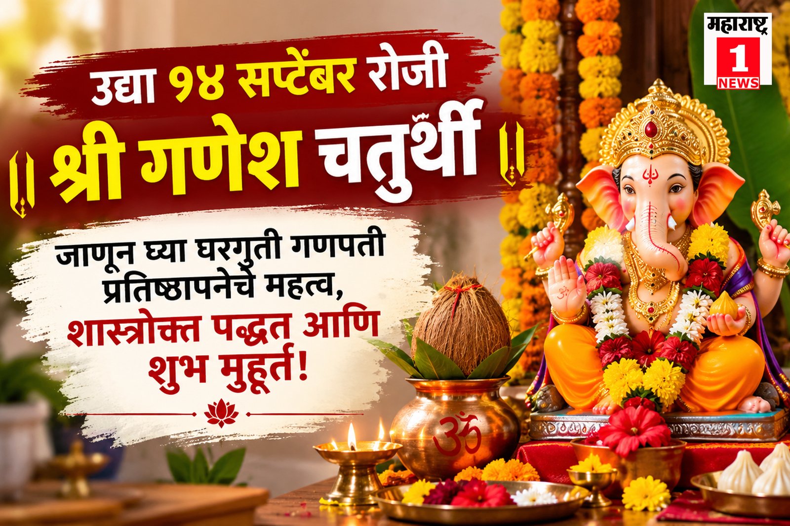 Ganesh Chaturthi 2026 : १४ सप्टेंबर रोजी श्री गणेश चतुर्थी; जाणून घ्या घरगुती गणपती प्रतिष्ठापनेचे महत्त्व, शास्त्रोक्त पद्धत आणि शुभ मुहूर्त! 1 Ganesh Chaturthi 2026 : १४ सप्टेंबर रोजी श्री गणेश चतुर्थी; जाणून घ्या घरगुती गणपती प्रतिष्ठापनेचे महत्त्व, शास्त्रोक्त पद्धत आणि शुभ मुहूर्त!